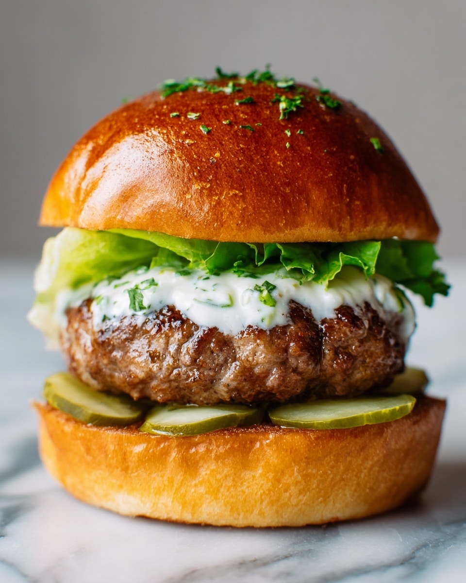 A close-up of a tall burger with a glossy brown top bun sprinkled with small bits of fresh green herbs. Under the bun, there is a creamy white sauce with small green pieces mixed in, covering a thick, juicy beef patty that looks well-cooked and slightly crispy on the edges. Below the patty, several bright green pickle slices rest on a bed of crisp, light green lettuce. The bottom bun is golden brown and shiny. The burger sits on a white marbled surface with scattered small green herbs around it, and there is a white plate partially visible beneath the burger. Photo taken with an iphone --ar 4:5 --v 7