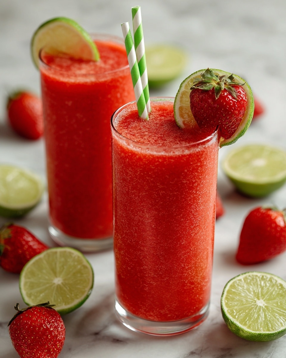 Two tall clear glasses filled with a bright red strawberry smoothie with a smooth texture and topped with a green-and-white striped straw. Each glass is decorated with a fresh red strawberry slice and a green lime wedge hooked on the rim. The glasses sit on a white marbled surface scattered with whole strawberries and lime slices, adding vibrant colors in red and green around them. Photo taken with an iphone --ar 4:5 --v 7