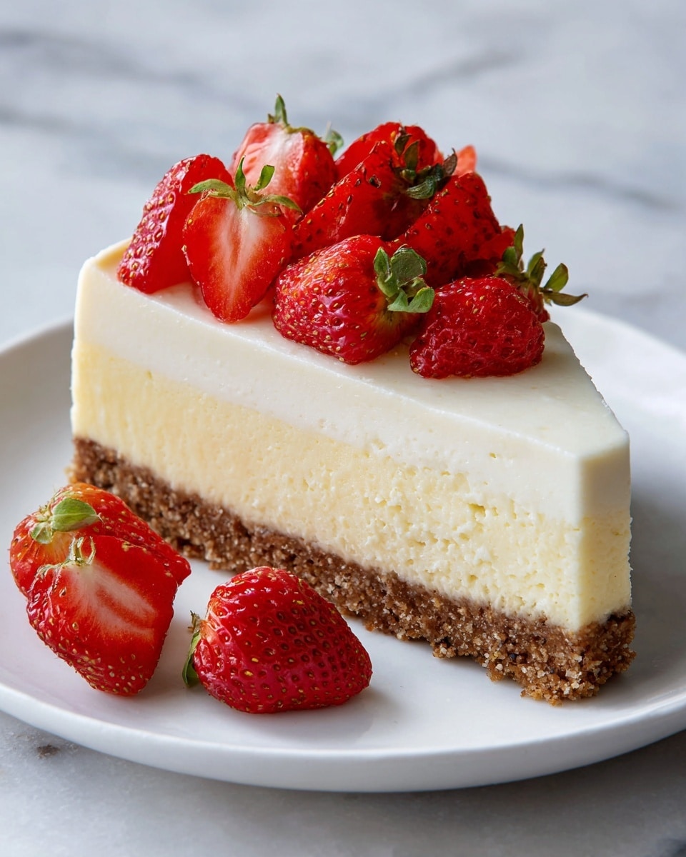 The image shows a cheesecake on a white plate with three visible layers: a thick, brown crumb crust at the bottom, a tall, creamy pale yellow middle cheesecake layer, and a smooth, white creamy top layer. On top of the white layer, there are many halved bright red strawberries carefully placed with green leaves still attached, creating a fresh and colorful contrast. The white plate sits on a surface with a white marbled texture, and some strawberries are scattered around the plate. Photo taken with an iphone --ar 4:5 --v 7