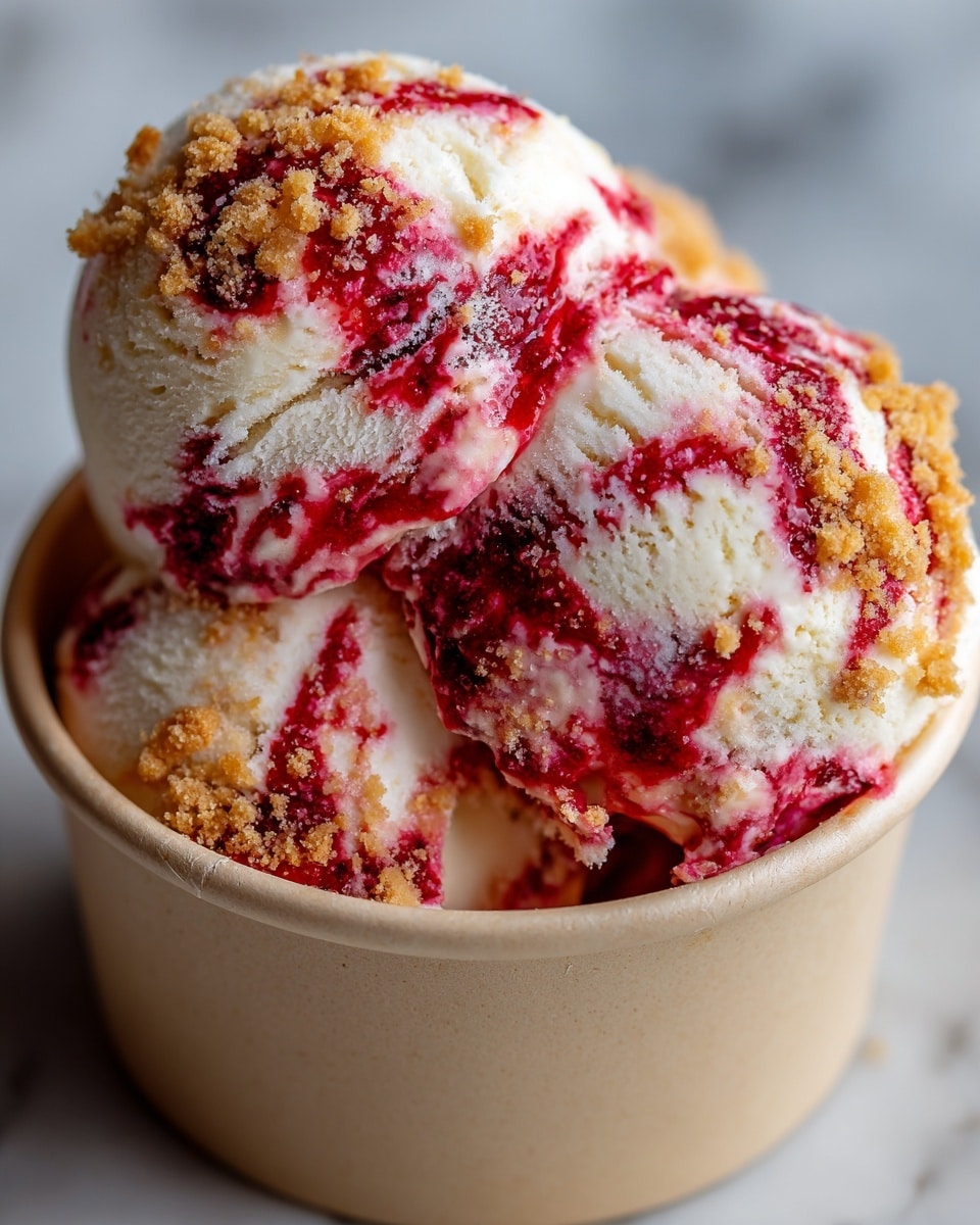 A close-up view of a scoop of ice cream in a light beige container, showing a creamy base layer with swirls of bright pink and red mixed throughout, giving it a marbled texture. The scoop is round and has a slightly rough surface with small crumbs or crunchy bits mixed in. In the background, there is more ice cream with the same creamy and pink swirl pattern, resting on a white marbled texture surface. The overall look is soft and fresh with a bright, appetizing appearance. photo taken with an iphone --ar 4:5 --v 7
