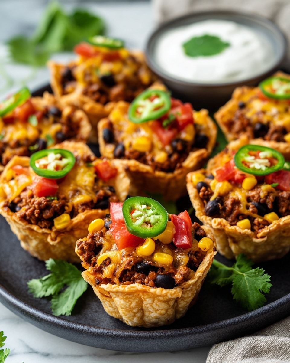 A close-up of six mini taco cups arranged on a white plate with a white marbled texture background. Each taco cup has a golden brown crispy shell as the base and holds a layer of brown ground beef mixed with black beans. On top of the meat layer is melted yellow cheddar cheese, followed by a scattering of bright yellow corn kernels. The taco cups are garnished with red diced tomatoes, a slice of green jalapeño, and fresh green cilantro leaves. In the background, there is a small white bowl filled with white sour cream, topped with a cilantro leaf. Some additional cilantro leaves are scattered around the plate. Photo taken with an iphone --ar 4:5 --v 7