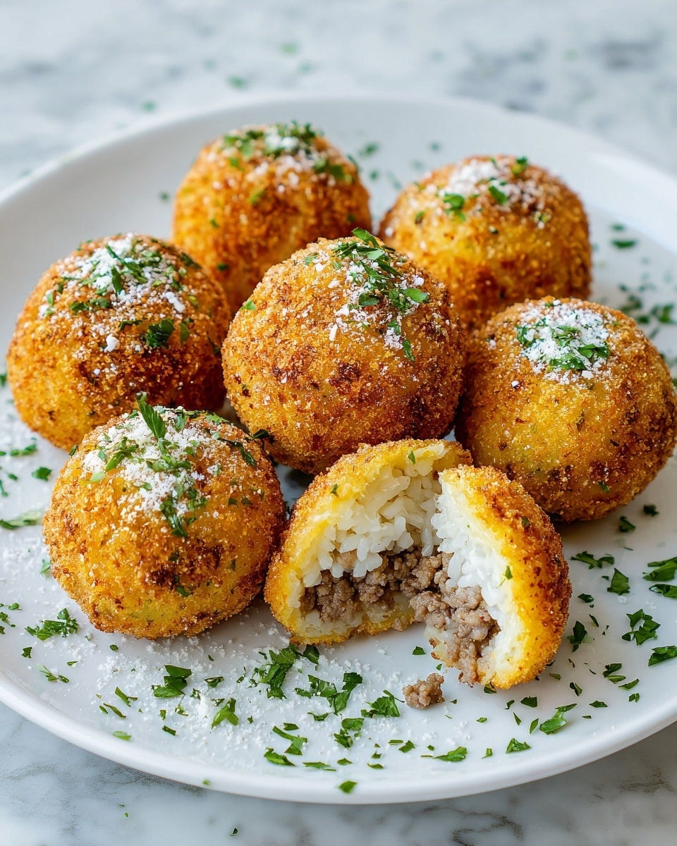 The image shows a white plate holding seven golden-brown, perfectly round fried rice balls. Each ball has a crunchy, crumb-coated outer layer that looks crispy, with bits of green parsley sprinkled on top and around for color. One rice ball is cut in half and placed on top of the others, revealing three layers inside: the outer crispy crust, a middle layer of soft, sticky white rice, and a core of finely ground cooked meat in a light brown shade. The plate is set on a white marbled surface. photo taken with an iphone --ar 4:5 --v 7