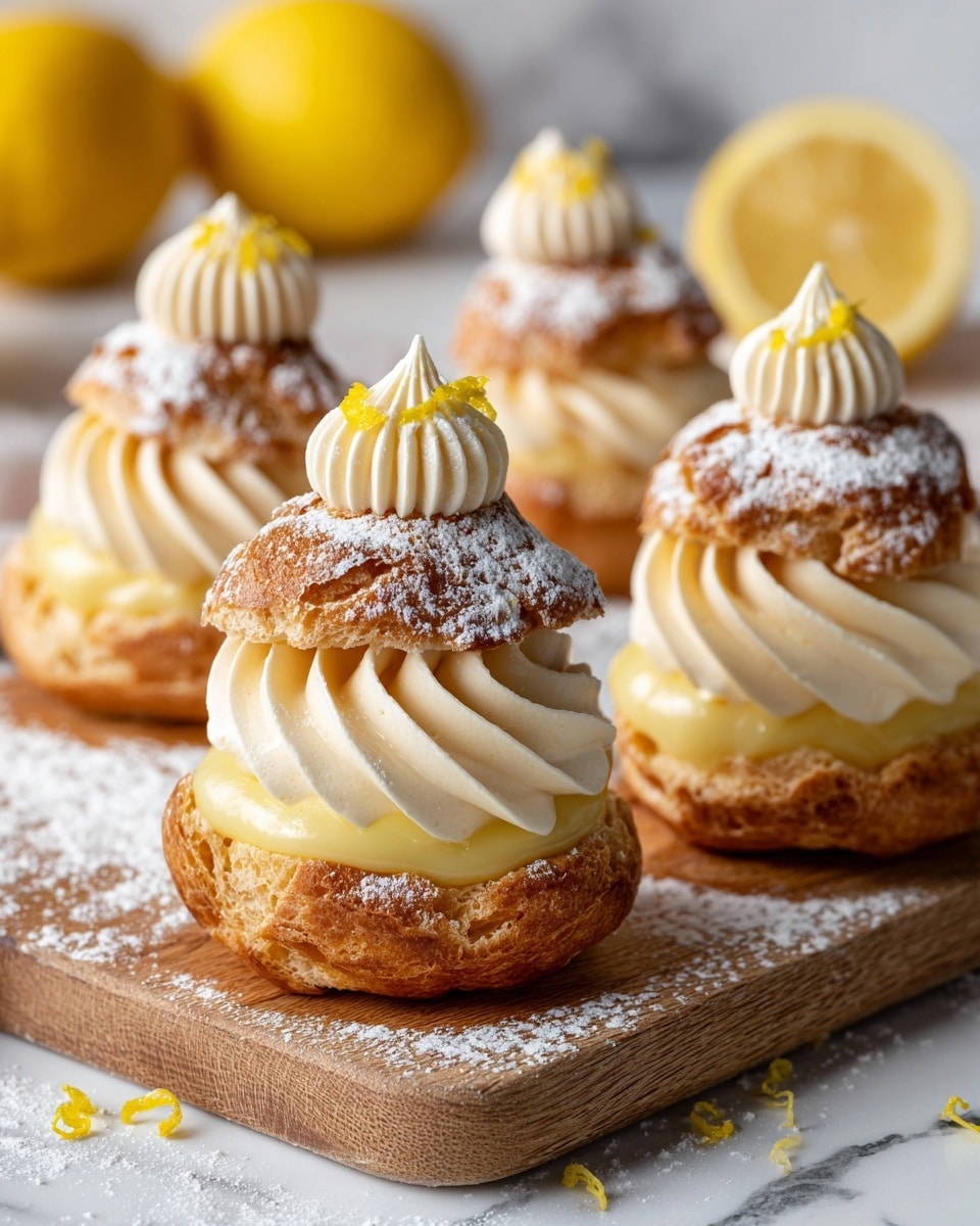 The image shows four cream puffs arranged closely on a round wooden board dusted with powdered sugar. Each cream puff has three layers: the base is a light brown, crisp choux pastry shell, hollow and textured; inside this shell is a smooth, thick white cream layer topped with a glossy yellow custard dollop in the center. On top of this is a swirl of light beige cream, crowned with a small round piece of choux pastry dusted with powdered sugar and tiny yellow zest bits scattered on top. The background is softly blurred with hints of bright yellow lemons, and the whole scene rests on a white marbled surface. photo taken with an iphone --ar 4:5 --v 7