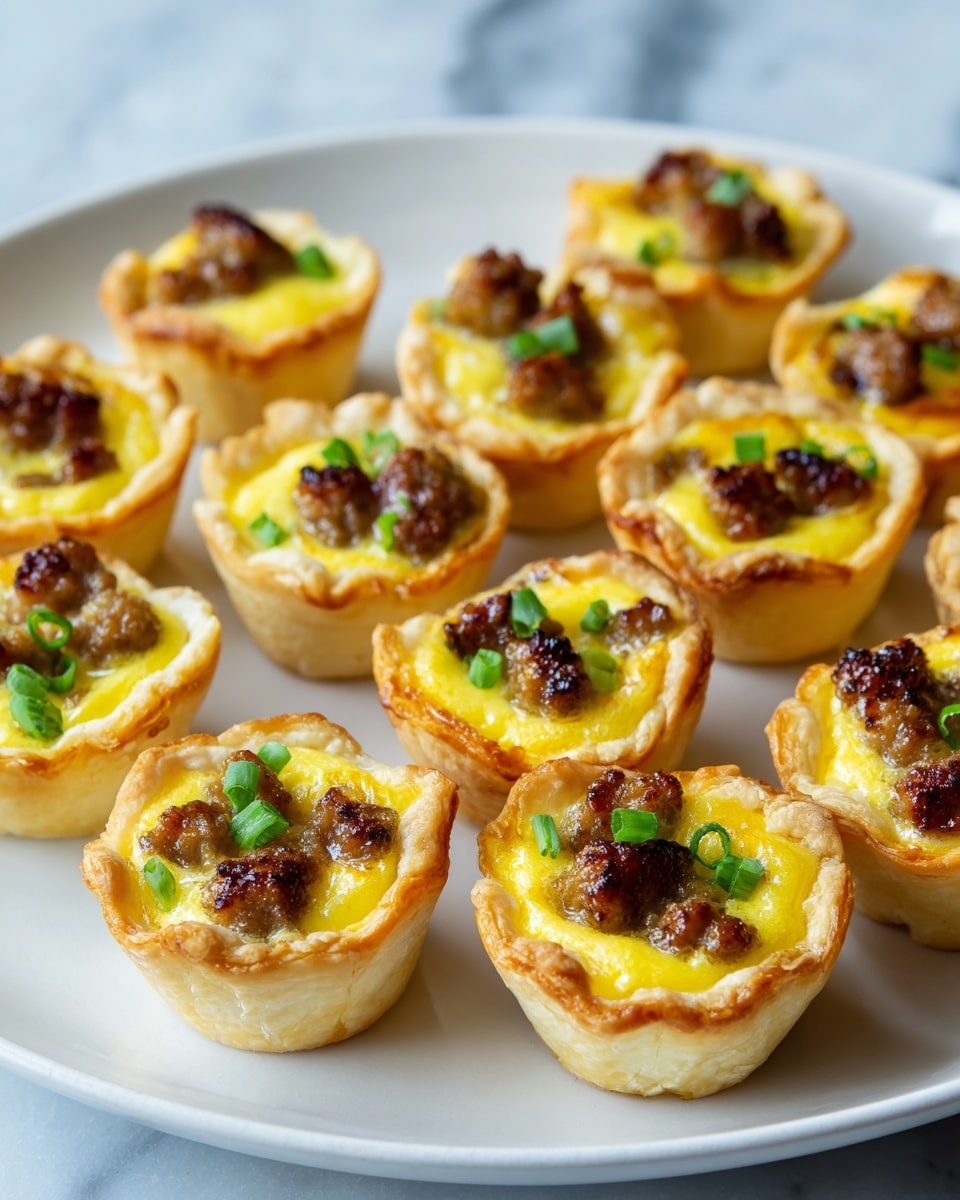 A white plate holds 15 small savory tartlets arranged closely together. Each tartlet has a golden brown, flaky crust forming a well around the filling. Inside, the filling is a smooth, bright yellow egg custard mixed with small browned sausage pieces. The tartlets are topped with small, fresh green chopped onions scattered over the surface. The plate sits on a white marbled texture that adds a clean and elegant background. photo taken with an iphone --ar 4:5 --v 7