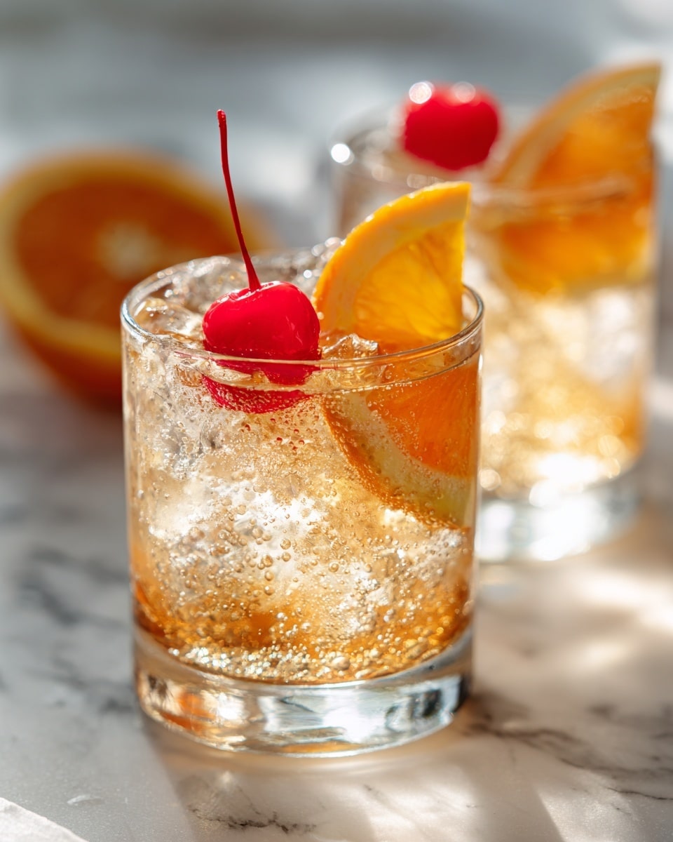 A clear glass tumbler filled with a golden brown iced drink, showing small bubbles rising through the liquid. The drink has multiple ice cubes floating near the top, giving a cool, refreshing look. A bright red cherry and a fresh orange slice are placed on the rim of the glass, adding vibrant color contrast. The background shows a warm wooden surface with another similar glass blurred in the distance. The whole scene is set on a white marbled texture. Photo taken with an iphone --ar 4:5 --v 7