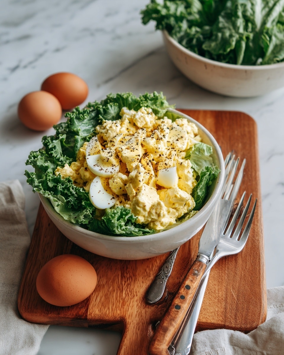 A wooden bowl filled with a green leafy base of fresh lettuce, topped with chunky pieces of pale yellow egg salad mixed with halved boiled eggs sprinkled with black pepper. The bowl sits on a light wooden board next to two silver forks with wooden handles. In the background, there are two brown eggs and a white bowl with green lettuce, all on a white marbled surface, with a white cloth partially visible at the corner. photo taken with an iphone --ar 4:5 --v 7