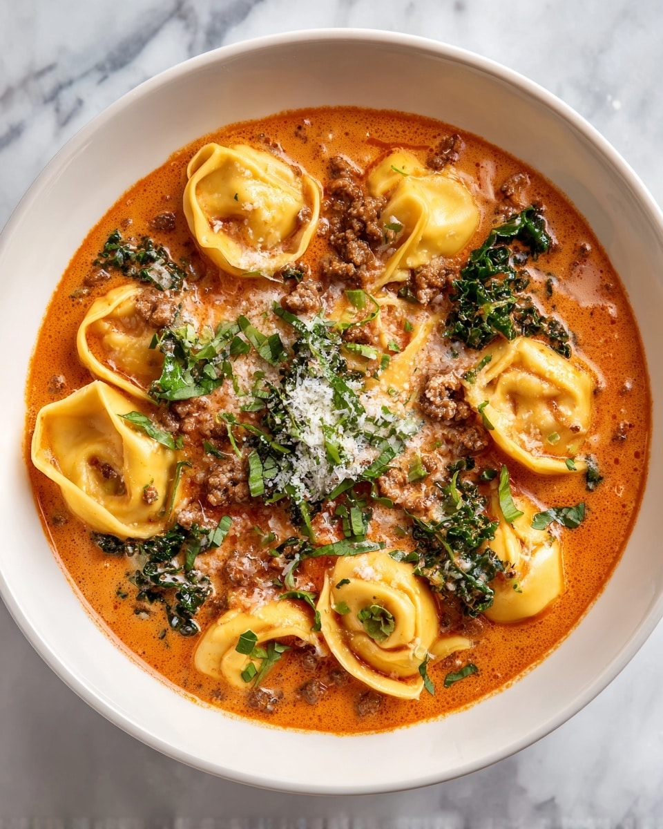 A white bowl filled with a rich, creamy tomato soup with several yellow tortellini floating on top. The soup has a smooth texture with visible chunks of browned ground meat and pieces of green kale scattered throughout. The tortellini are plump and soft, slightly glossy from the soup, and sprinkled with grated white cheese and finely chopped fresh green herbs. The white bowl sits on a white marbled surface, and the soup has a warm, inviting color contrast between the orange-red broth, green leaves, and pale yellow pasta. photo taken with an iphone --ar 4:5 --v 7