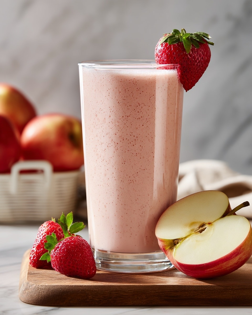 A tall clear glass filled with a frothy, light pink smoothie with small bubbles on the surface sits on a white marbled texture. A large red and white strawberry with a green leafy top is placed on the rim of the glass. Next to the glass, a wooden cutting board holds a halved apple with a yellow core and red skin visible. In the background, blurred strawberries are seen along with a white basket holding more strawberries. photo taken with an iphone --ar 4:5 --v 7