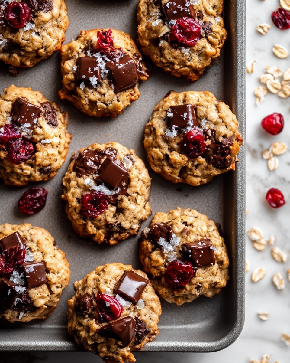 A close-up top view shows a baking tray filled with ten round oatmeal cookies that have a rough, grainy texture. Each cookie is golden-brown with visible chunks of dark melted chocolate and small pieces of red dried cranberries embedded throughout. The cookies are arranged closely together, resting in the dark gray tray that occupies most of the frame. The tray sits on a white marbled surface, with some stray oats scattered near the tray's edge. photo taken with an iphone --ar 4:5 --v 7