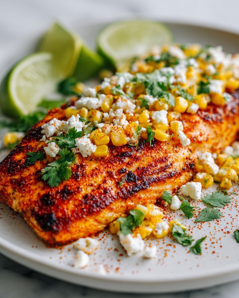 A grilled fish fillet with a golden brown, slightly crispy texture sits on a white plate, topped with a layer of sweet yellow corn kernels mixed with small white crumbles of cheese and sprinkled with green cilantro leaves and red chili powder. Three lime wedges with bright green skin are placed next to the fish on the right side of the plate. Additional green cilantro leaves and white cheese crumbles are scattered around the edges of the plate on a white marbled surface. photo taken with an iphone --ar 4:5 --v 7