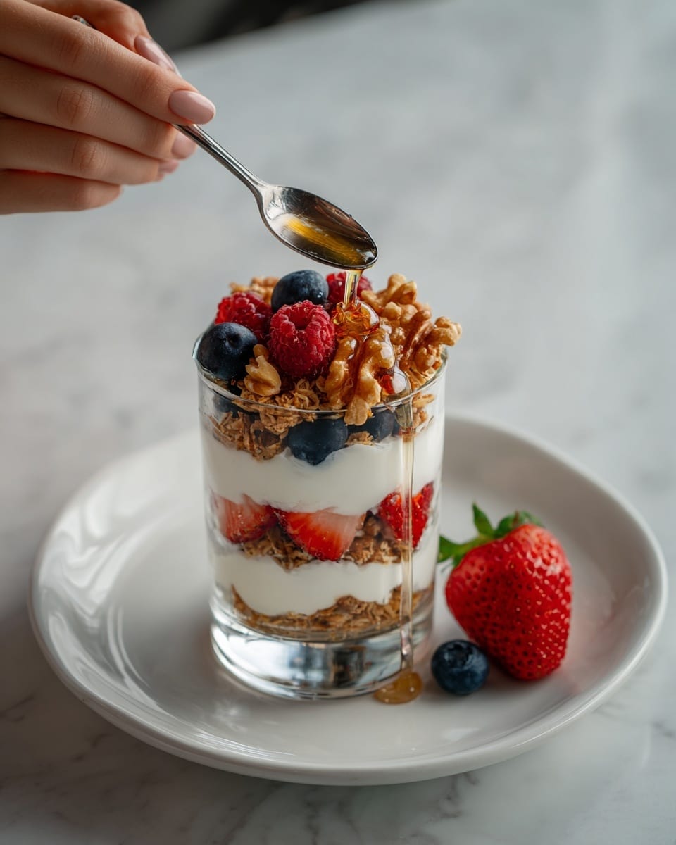 A clear glass cup shows a layered dessert with four main layers. Starting from the bottom, there is a crunchy golden granola layer, followed by a thick white yogurt layer. Next, a colorful mixed berry layer with red strawberries, dark blueberries, and red raspberries sits on top of the yogurt. Another yogurt layer comes next, topped with more granola and fresh berries. Honey is drizzled slowly over the top, adding a glossy light golden shine. The glass is placed on a white plate with a white marbled surface in the background. A woman's hand holds a shiny silver spoon near the plate, and fresh berries are scattered around the plate. photo taken with an iphone --ar 4:5 --v 7