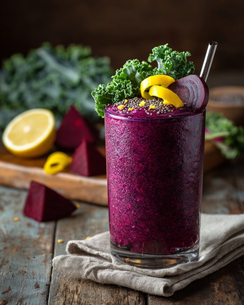 A short clear glass filled with a thick, deep purple smoothie has a metal straw on the right side. The smoothie is topped with small white seeds on the left, tiny black seeds in the center, and fresh green kale leaves mixed with a few yellow lemon peel strips on the right. Behind the glass, there is a wooden cutting board with chopped red beets and a large dark green kale leaf. In the background, there is a white bowl filled with green kale and blueberries, along with a blender, lemon halves, and a small white bowl of white powder, all set on a rustic wooden table. The glass sits on a beige cloth on the corner of the same wooden table with a white marbled texture surface nearby. photo taken with an iphone --ar 4:5 --v 7