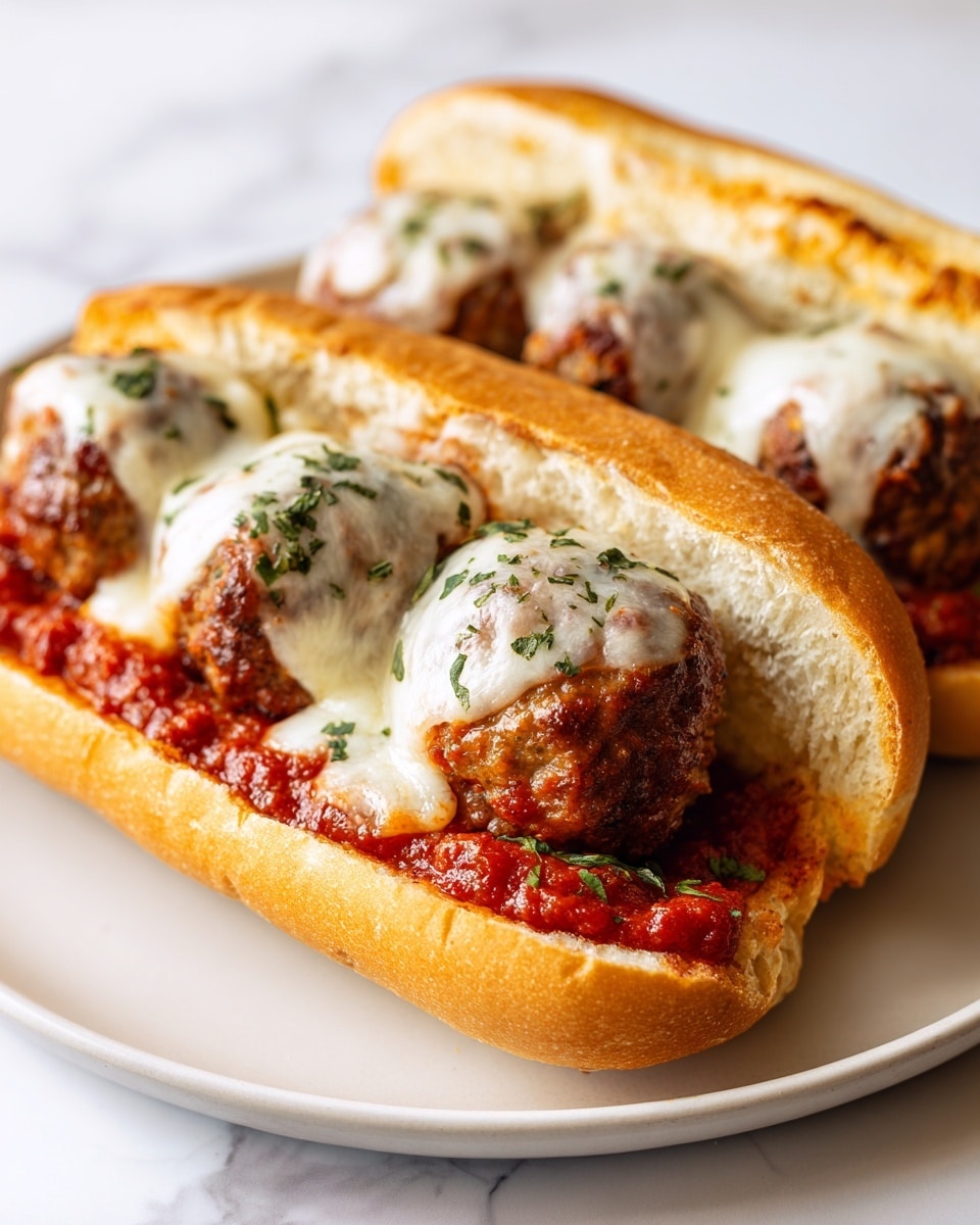 Two meatball subs sit side by side on a white plate placed on a white marbled surface. Each sandwich has a golden-brown toasted bun sliced open horizontally, holding three round meatballs evenly spaced in a layer of thick red tomato sauce. On top of each meatball is a slightly melted white cheese layer with bits of chopped green herbs sprinkled over it. Small bits of herbs are scattered on the plate around the sandwiches. The photo taken with an iphone --ar 4:5 --v 7