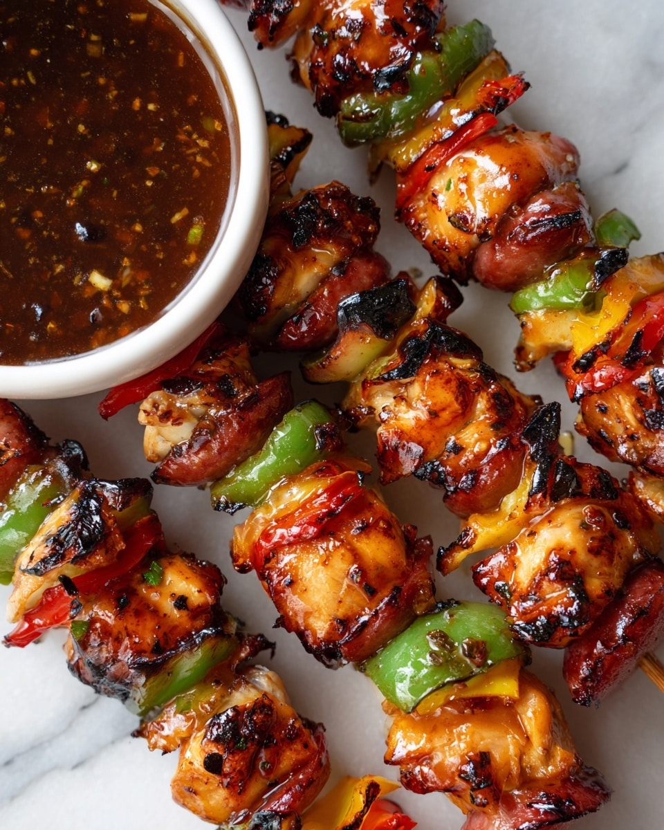 The image shows several skewers of grilled food placed closely on a white marbled surface. Each skewer has layers starting with golden, glazed chunks of grilled chicken, alternating with small pieces of bright green grilled peppers and dark reddish-brown grilled sausage cubes. The chicken has a shiny, slightly oily texture with some char marks, while the peppers look soft with crisp edges. There is a white bowl filled with thick, chunky brown sauce with bits of garlic or nuts, positioned toward the upper left corner with some of the sauce spilled around it. The overall look is juicy and richly glazed, showing a mix of warm colors in close-up. Photo taken with an iphone --ar 4:5 --v 7