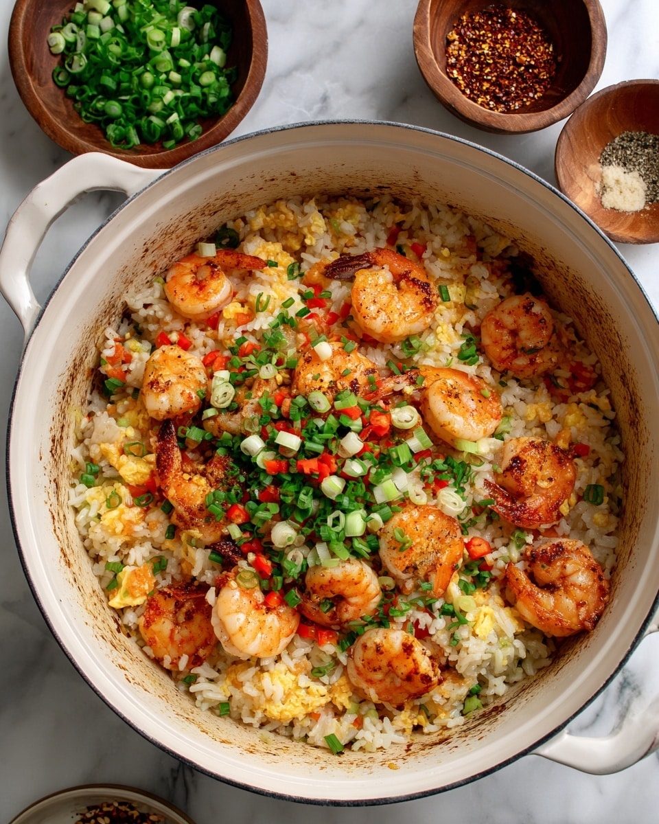 In a white pot, there is a colorful mix of cooked rice with small bits of red bell pepper and scrambled eggs scattered through. On top, there are many pieces of golden-brown cooked shrimp and browned chunks of salmon, giving a crispy texture on the outside. The whole dish is sprinkled with chopped green onions that add a fresh green color. Around the pot, there are small bowls, one with more chopped green onions and another with a reddish spice mix, all set on a white marbled surface. Photo taken with an iphone --ar 4:5 --v 7