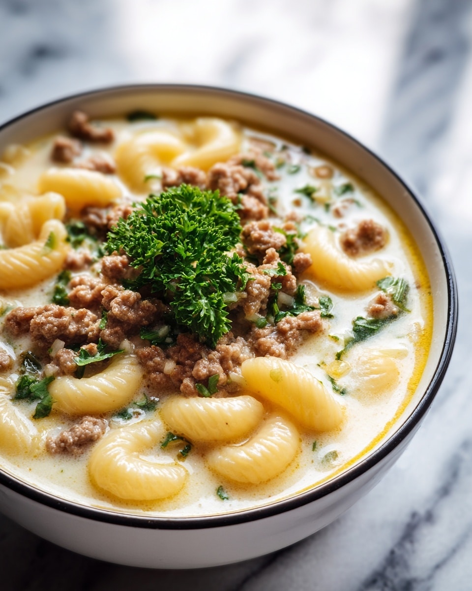 A close-up of a bowl filled with creamy macaroni soup, showing three main layers: pale yellow cooked elbow macaroni pasta at the bottom, light brown ground meat crumbles scattered throughout, and smooth, creamy broth with a slight orange tint covering everything. On top, bright green chopped herbs are sprinkled centrally for garnish. The soup is held in a black bowl with a shiny rim, set against a white marbled textured surface with blurry bread pieces in the background. photo taken with an iphone --ar 4:5 --v 7