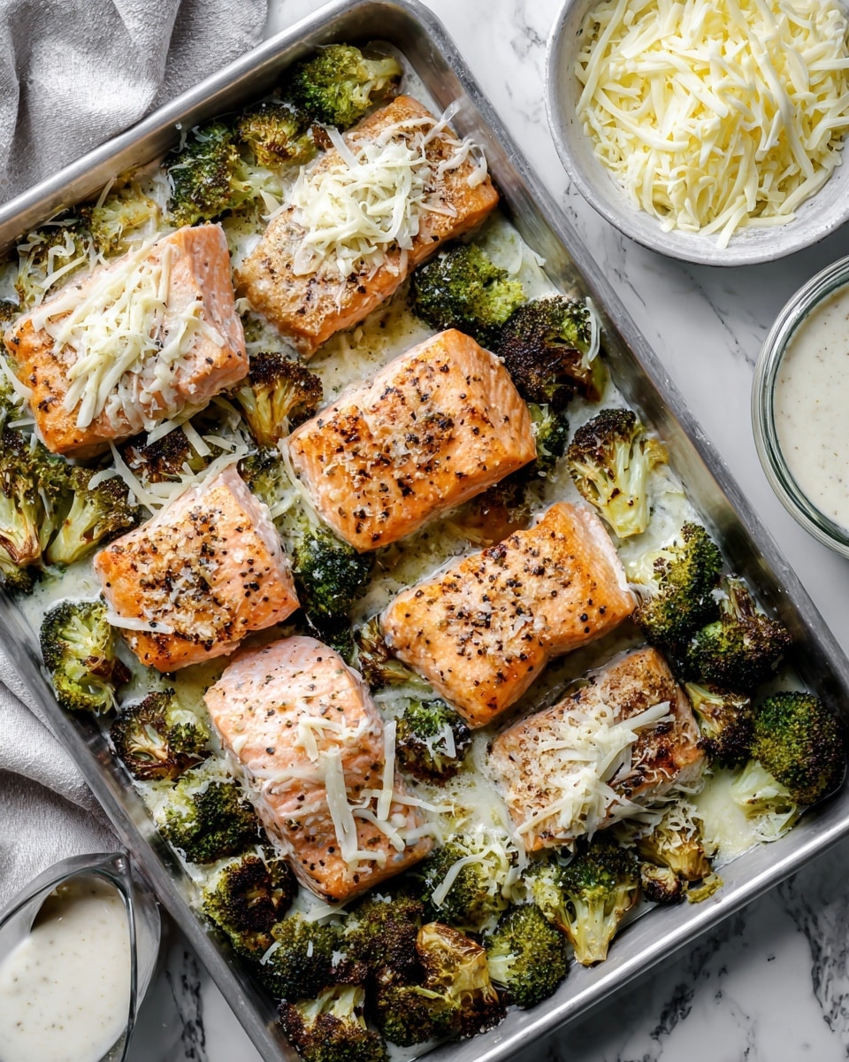 The image shows a metal baking tray on a white marbled texture surface, filled with four pieces of cooked salmon fillets that are light pink with a golden-brown seared top layer, seasoned lightly with black pepper. Surrounding and slightly underneath the salmon are roasted broccoli florets that are bright green with some crispy, charred edges. The dish is topped with thin shreds of melted white cheese, creating a creamy texture over both the salmon and broccoli. Nearby, there is a small white bowl filled with extra shredded cheese, and a larger white bowl of creamy white sauce is partially visible on the side. The photo is taken with an iphone --ar 4:5 --v 7