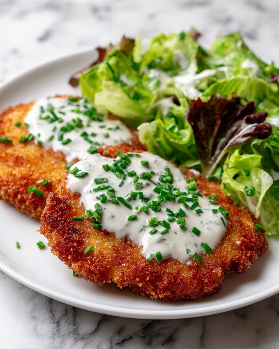 On a white plate with a thin gold rim, two pieces of golden brown breaded chicken sit side by side on the left, with a creamy white sauce topped with finely chopped green herbs spread over part of them. To the right of the chicken, a fresh green salad made of chopped lettuce mixed with the same white dressing and sprinkled with green herbs covers about one-third of the plate. The plate rests on a white marbled texture surface. photo taken with an iphone --ar 4:5 --v 7