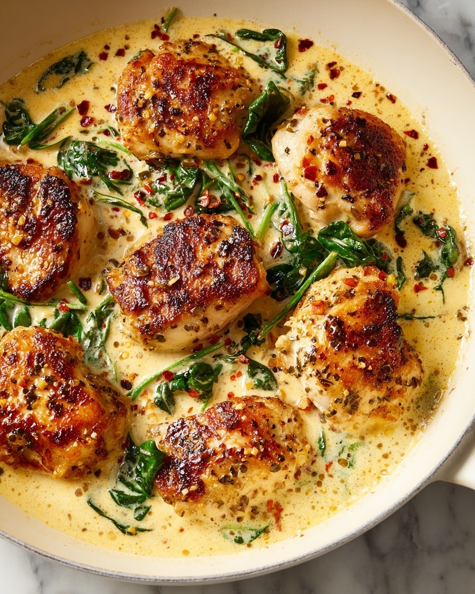 The image shows a white pan filled with several pieces of cooked chicken breast that are golden brown with a slightly crispy texture on the outside. The chicken pieces are sitting in a creamy, light beige sauce that has visible green spinach leaves mixed throughout. There are small reddish chili flakes scattered over the sauce and chicken, adding specks of color. The pan is placed on a white marbled surface. Photo taken with an iphone --ar 4:5 --v 7