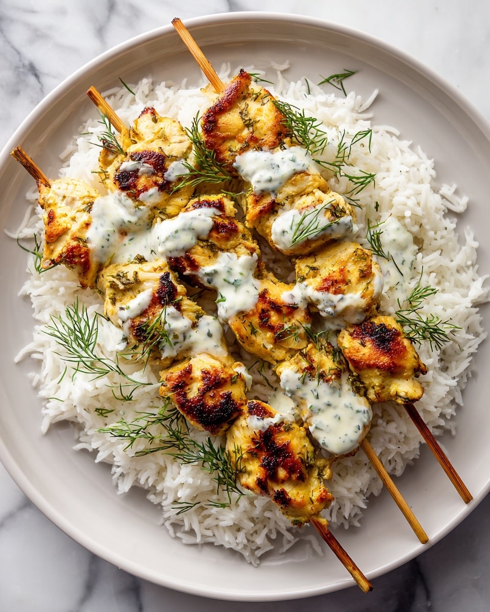 Two skewers with grilled chicken pieces, each skewer holding about five chunky, golden-brown, slightly charred grilled chicken pieces covered lightly with streaks of white sauce. The skewers rest on a bed of fluffy white rice mixed with small green herb sprigs, all arranged on a white plate. The plate sits on a white marbled textured surface. photo taken with an iphone --ar 4:5 --v 7