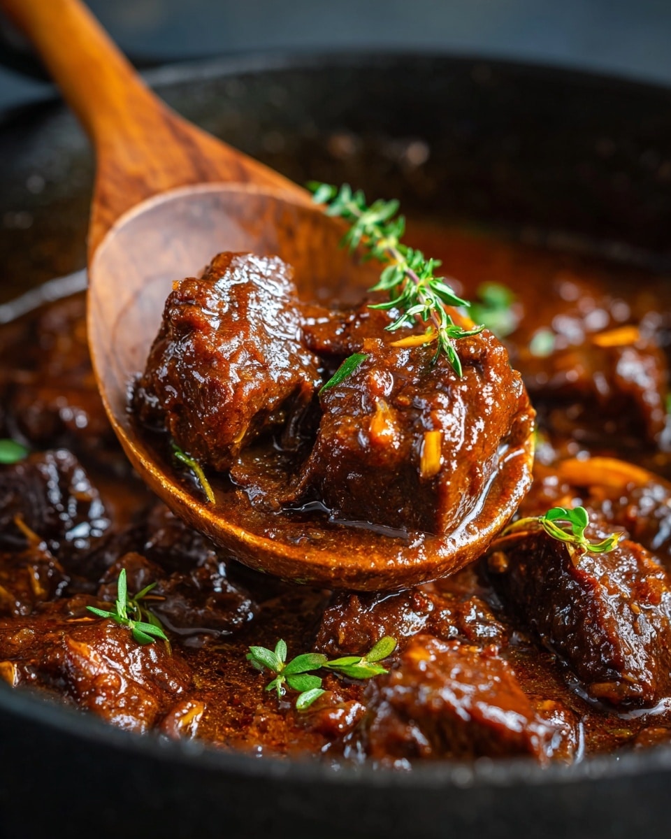 A close-up of a pot filled with dark brown beef stew, showing thick chunks of tender meat layered throughout a rich, glossy sauce with visible bits of carrot and small green herb leaves scattered on top. A wooden spoon is scooping up some stew from the left side, highlighting the glossy texture of the sauce and the juicy meat pieces surrounded by the sauce liquid. The background is a white marbled texture. photo taken with an iphone --ar 4:5 --v 7