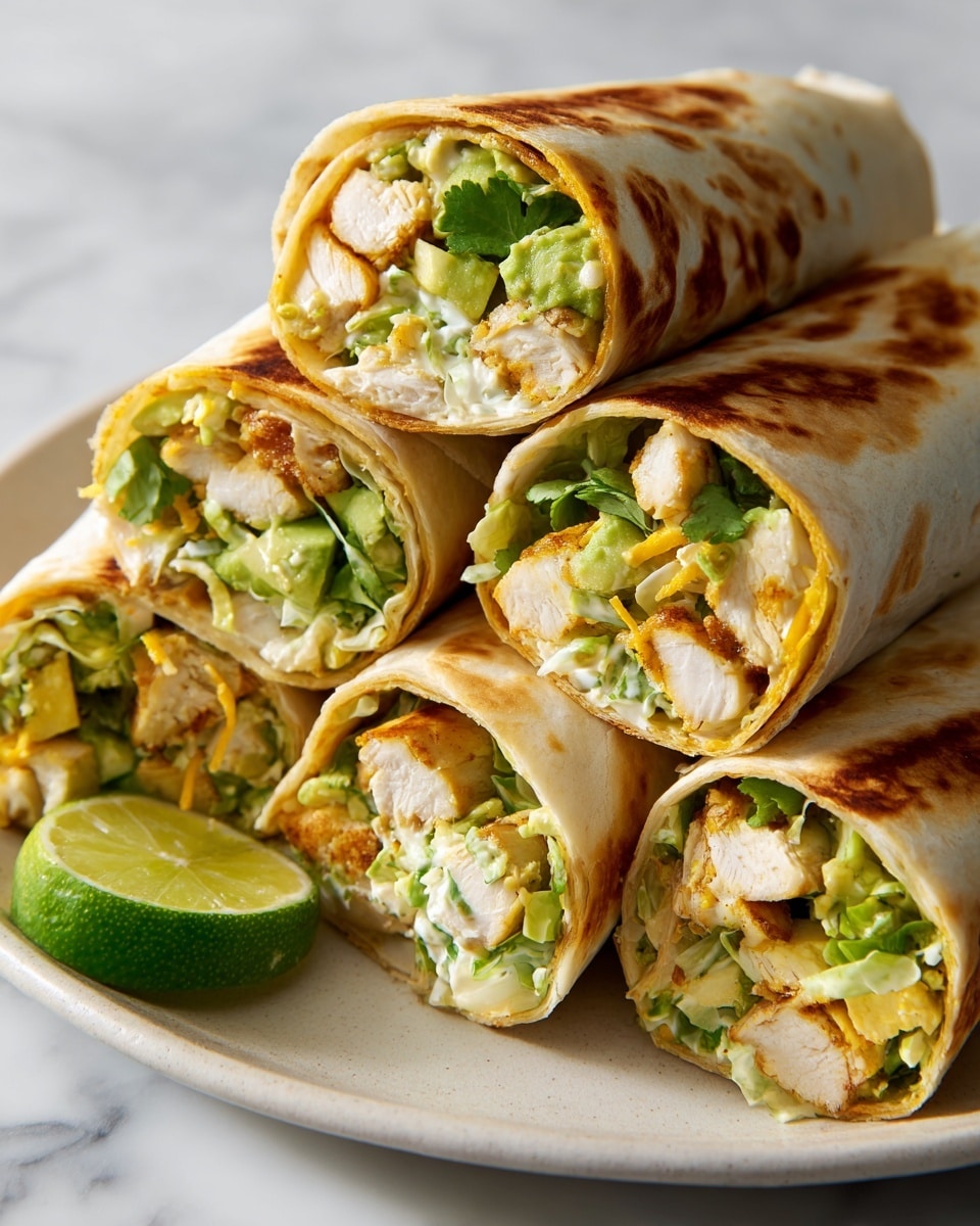 A close-up of several toasted, golden-brown wraps cut in half and stacked on a white plate with a white marbled surface beneath. Each wrap shows layers of light beige tortilla with a slightly crisp texture, filled with shredded white chicken, smooth, creamy light green avocado chunks, and bits of yellow corn. The filling appears fresh and moist, with some green herbs mixed in. A bright green lime wedge is placed on the plate near the wraps. The background is softly blurred, emphasizing the wrap’s details. Photo taken with an iphone --ar 4:5 --v 7