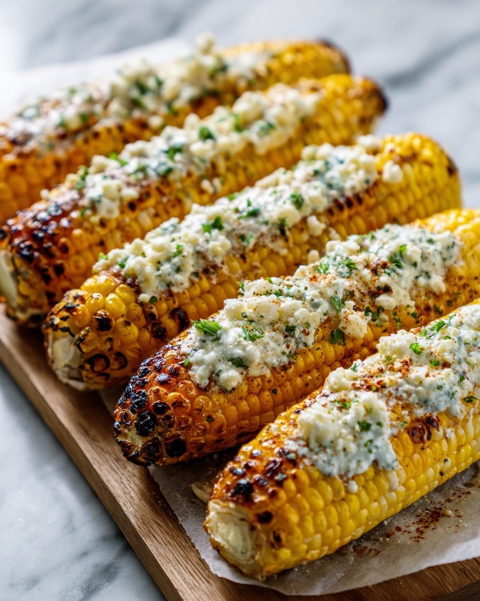 The image shows four pieces of grilled corn on the cob placed side by side on a piece of translucent parchment paper over a wooden board. Each corn cob has a bright yellow color with some charred brown spots from grilling. They are generously topped with a creamy white sauce that has a slightly thick texture. Crumbled white cheese is sprinkled over the sauce, adding a crumbly texture on top. Small green herb pieces are scattered across the corn, adding a touch of freshness and color contrast. The background is a white marbled texture, creating a clean and simple setting. Photo taken with an iphone --ar 4:5 --v 7