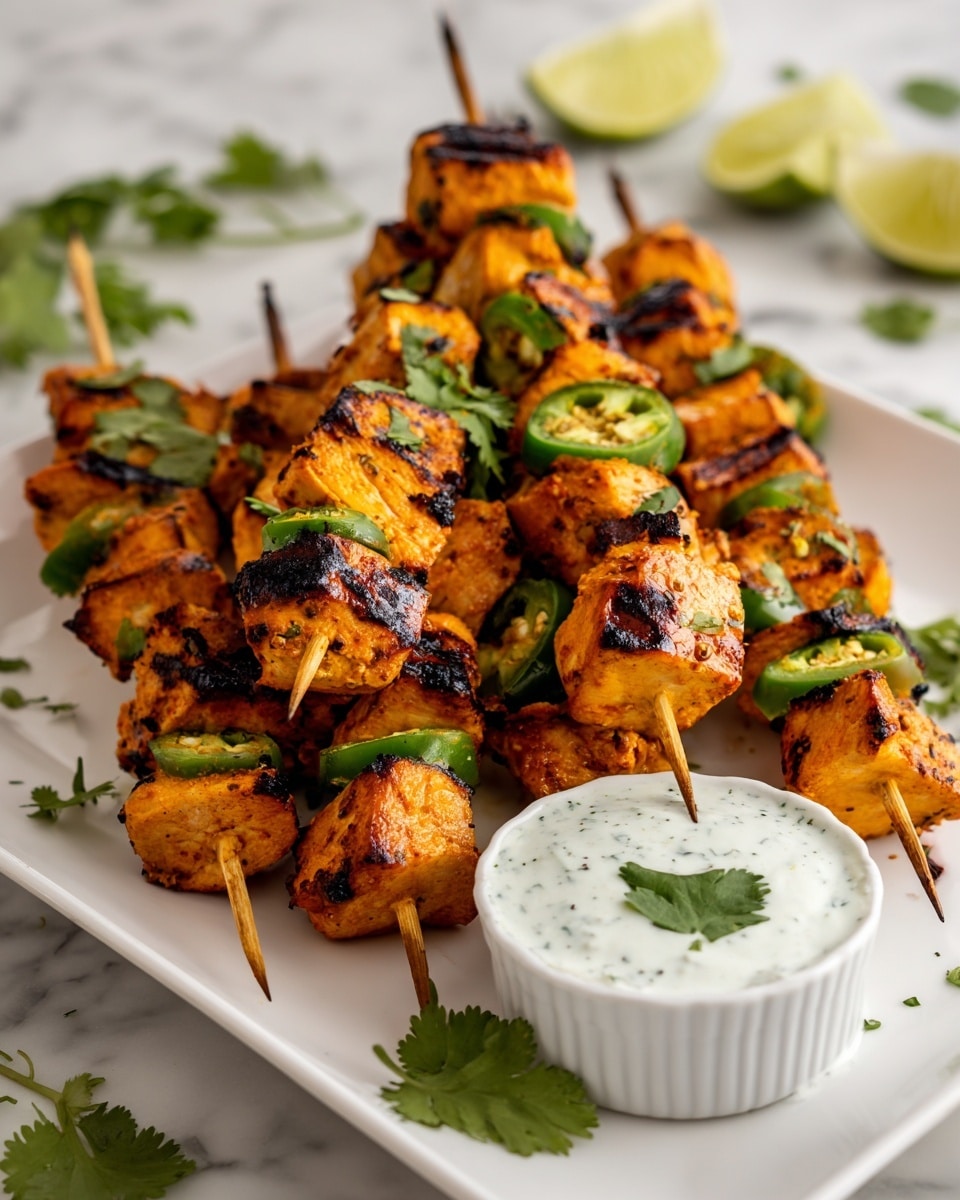 Several wooden skewers of grilled chicken kebabs lay on a white rectangular plate placed on a white marbled surface. Each skewer has large, golden-brown chicken cubes with charred black grill marks alternating with thick slices of bright green bell peppers and round slices of fresh green jalapeños. Fresh cilantro leaves are scattered on top of and around the skewers, adding a pop of green. In the background, a white ramekin filled with creamy, white dipping sauce garnished with a small cilantro leaf sits on the plate. Lime wedges and more cilantro can be seen softly blurred in the backdrop. photo taken with an iphone --ar 4:5 --v 7
