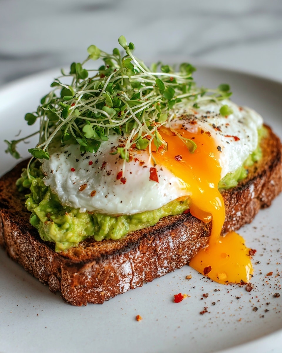 A thick slice of toasted brown bread with a rough crust forms the base, topped with a creamy, light green layer of smashed avocado with some texture visible. On top of the avocado is a perfectly cooked fried egg with a bright yellow, runny yolk spilling slightly onto the bread and a white, slightly glossy egg white. The egg is sprinkled with coarse black pepper and red chili flakes. A small pile of fresh, green microgreens with thin stems and rounded leaves sits on top of the egg. The dish is placed on a round white plate with a white marbled texture background. photo taken with an iphone --ar 4:5 --v 7