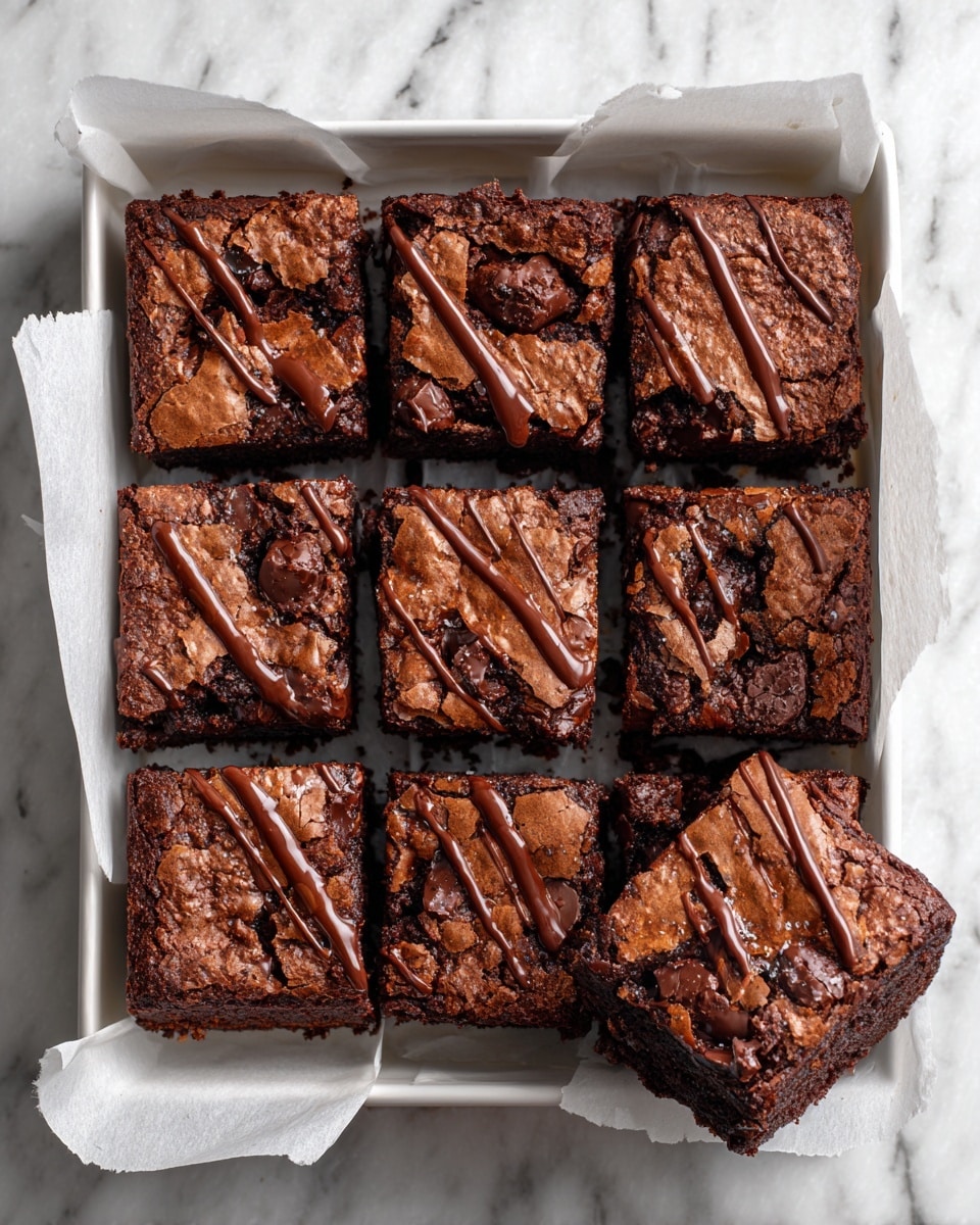 A metal baking pan lined with parchment paper holds twelve square pieces of chocolate crumb cake, arranged in a 3 by 4 grid. Each piece has a dark brown crumbly top layer with a rough texture, drizzled with light brown caramel or peanut butter sauce in diagonal lines. One square is slightly lifted above the others, showing a moist, dense chocolate cake interior with melted chocolate pieces inside. The pan is placed on a white marbled texture surface. Photo taken with an iphone --ar 4:5 --v 7