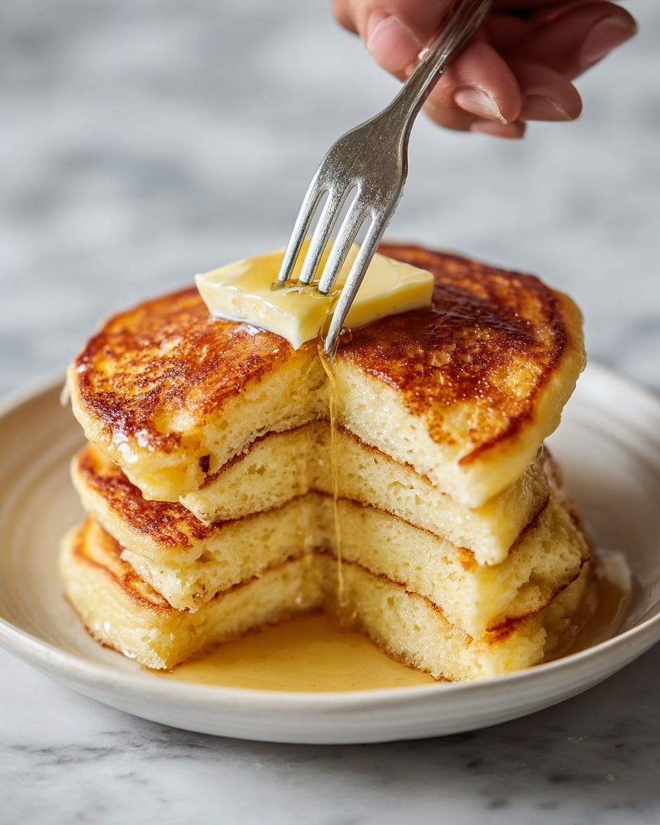 A stack of four golden brown pancakes is shown close up, each pancake soft with a slightly crispy edge, arranged in even layers one on top of another. On the top pancake, there is a square piece of butter slowly melting, with a shiny, smooth texture spreading over the pancake’s surface. The stack is held up by a metallic spatula above a dark, non-stick pan, with a woman's hand visible on the right side, holding the spatula handle. The background is a white marbled texture. photo taken with an iphone --ar 4:5 --v 7