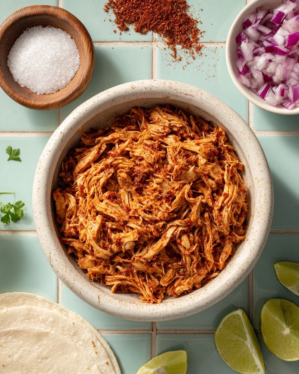 A white pot filled with shredded cooked chicken mixed with red-brown spices, showing a rough texture and some browned edges; to the upper left, there's a small wooden bowl with coarse white salt; scattered above the pot is a small pile of reddish-brown spice powder; to the upper right, a white bowl holds chopped purple-red onions with some green herbs; next to it are two lime halves and a lime wedge, all placed on a light blue tiled surface with white grout, and a white tortilla is partly visible at the bottom left corner; photo taken with an iphone --ar 4:5 --v 7