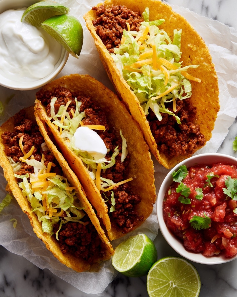 A close-up of three tacos placed tightly together on white parchment paper with a white marbled texture underneath; each taco has a golden-brown, slightly crispy corn tortilla shell filled with rich, dark brown seasoned ground beef as the main layer. The middle taco is topped with a dollop of white sour cream and thin shredded light yellow cheese, while the taco on the right has shredded pale green lettuce on top. To the left of the upper taco is a half-cut lime showing bright green flesh with coarse salt sprinkled on it. Below the tacos is a round white bowl full of chunky red salsa with visible bits of onion and herbs, garnished with a sprig of fresh green cilantro. Photo taken with an iphone --ar 4:5 --v 7