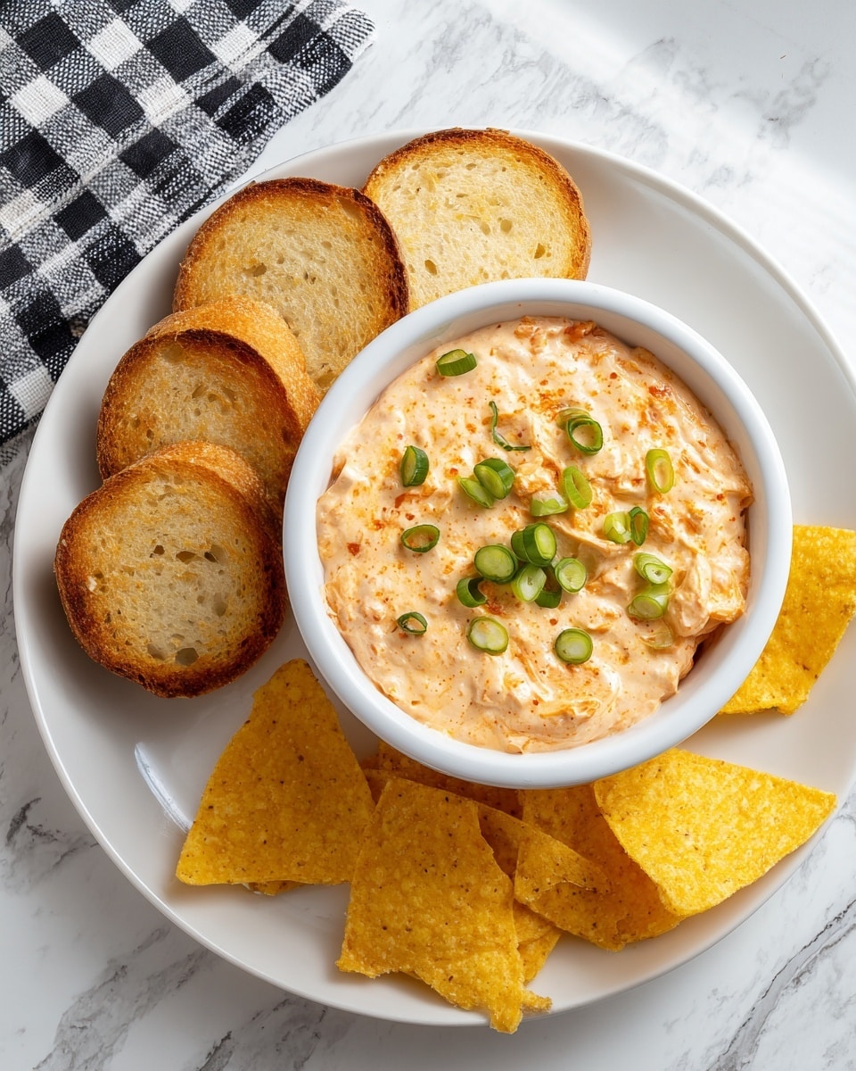 A white bowl filled with a thick, creamy orange dip, with some small chunks visible in the texture, is topped with sliced green onions scattered on the surface. The bowl sits in the center of a larger white plate, which holds yellow corn tortilla chips on the right side and round toasted bread slices on the left. The background is a white marbled texture with part of a striped cloth visible on the top left corner. photo taken with an iphone --ar 4:5 --v 7