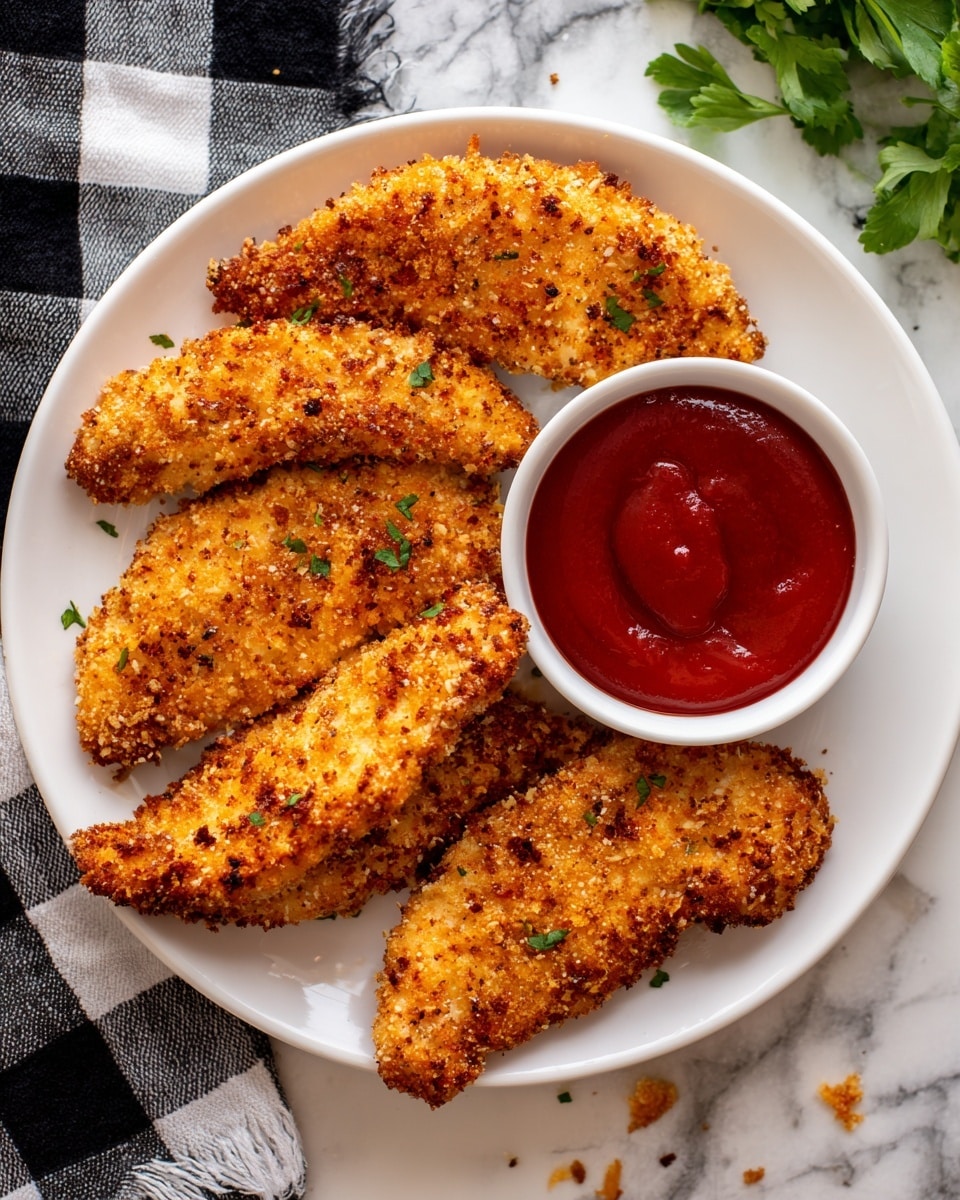 A white plate holds five pieces of crispy, golden-brown chicken tenders with a rough, crunchy texture. On the right side of the plate, there is a small, white round bowl filled with smooth, dark red dipping sauce. The plate is placed on a white marbled surface with a black-and-white checkered cloth partially visible in the upper left corner and some green leafy herbs on the upper right side. Small crumbs are scattered near the bottom right of the plate. Photo taken with an iphone --ar 4:5 --v 7