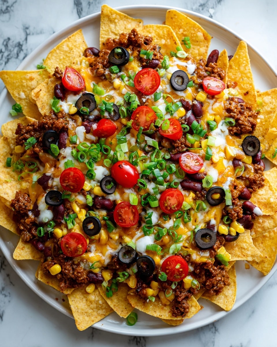 A white rectangular dish is filled with layered nachos starting with a base of light yellow, crispy tortilla chips. Above the chips, there is a layer of browned ground beef, scattered dark black sliced olives, yellow corn kernels, reddish-brown beans, and finely chopped white onions. Bright green chopped scallions add freshness throughout. Small bright red cherry tomato halves are placed on top in a scattered pattern. A layer of melted white cheese covers parts of the toppings, melting slightly over the ingredients, creating a gooey texture. The dish sits on a white marbled surface with a striped cloth partially visible nearby. photo taken with an iphone --ar 4:5 --v 7
