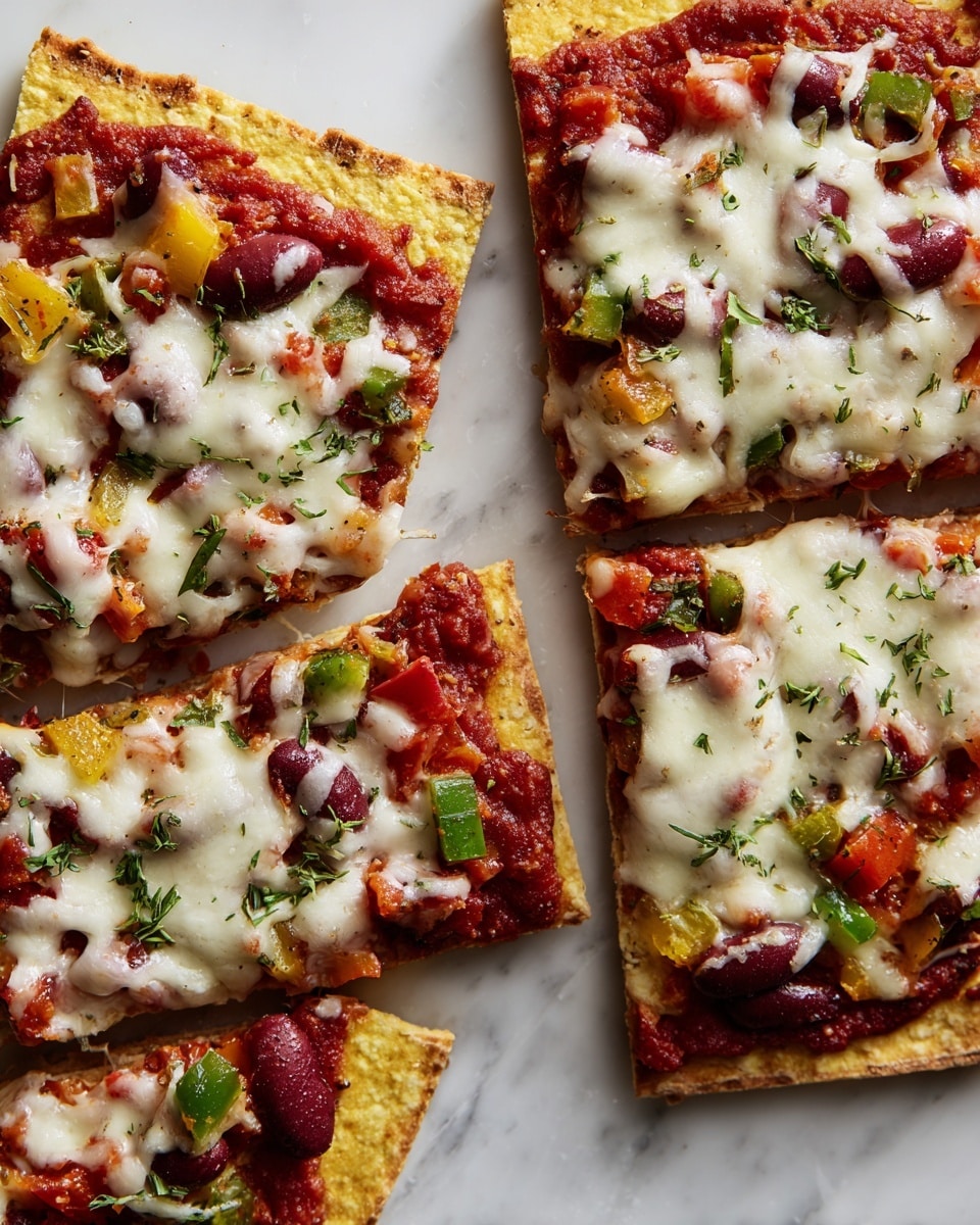 The image shows two long rectangular pizzas side by side on a white marbled surface, each cut into six slices. The crust is golden yellow and thick. The first layer is a chunky red tomato sauce spread evenly. On top, there are mixed vegetable pieces in colors like green, red, and purple, showing bell peppers, beans, and onions with a rough texture. Melted white cheese is scattered in patches over the vegetables, slightly melted and soft. Small green herb pieces are sprinkled on top, adding a fresh look. Photo taken with an iphone --ar 4:5 --v 7