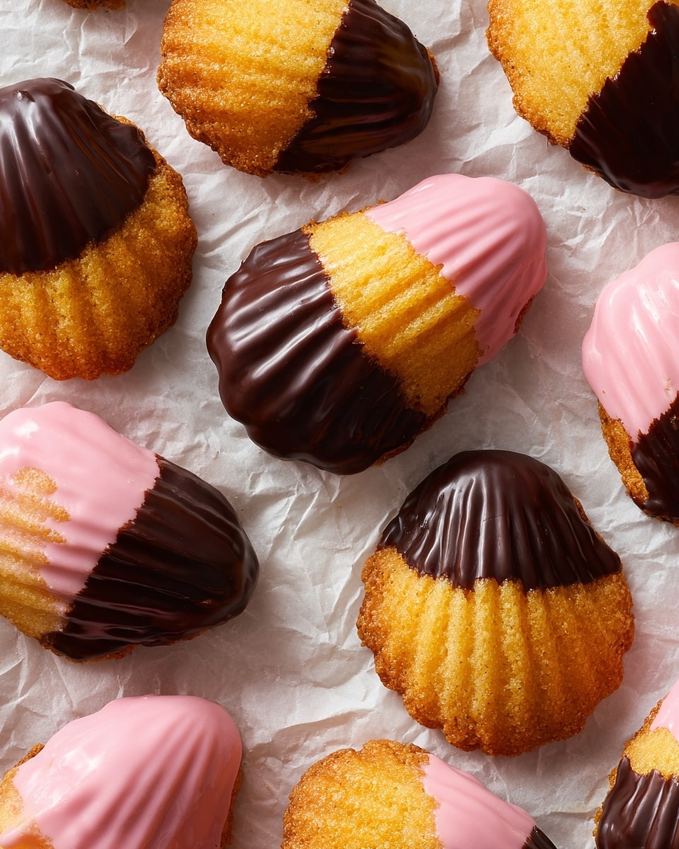 The image shows several madeleine cookies arranged on crinkled white parchment paper over a white marbled surface. Each madeleine has two visible layers: the bottom layer is a golden-yellow sponge cake with a soft texture, and the top layer is a smooth, scalloped shell-shaped coating in either glossy dark brown chocolate or matte dusty pink. The cookies are evenly spaced, and some have slight bite marks, revealing the soft cake inside. The mix of shiny dark and matte pink coatings creates a pleasing contrast. photo taken with an iphone --ar 4:5 --v 7