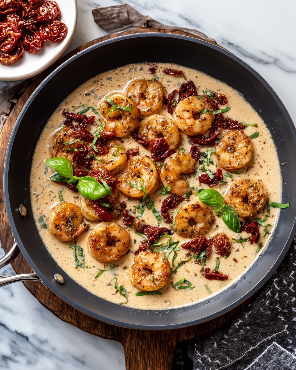 A black pan filled with a creamy light beige sauce as the base layer, scattered with small pieces of red sun-dried tomatoes for texture and color contrast. On top, there are about twenty large browned shrimp, evenly placed all over the pan, giving a warm orange-pink color with char marks. Small fresh green basil leaves are scattered on top, adding a pop of bright green. A small white round plate with two sun-dried tomato pieces sits near the pan on a white marbled surface, along with a gray towel on the side. Photo taken with an iphone --ar 4:5 --v 7