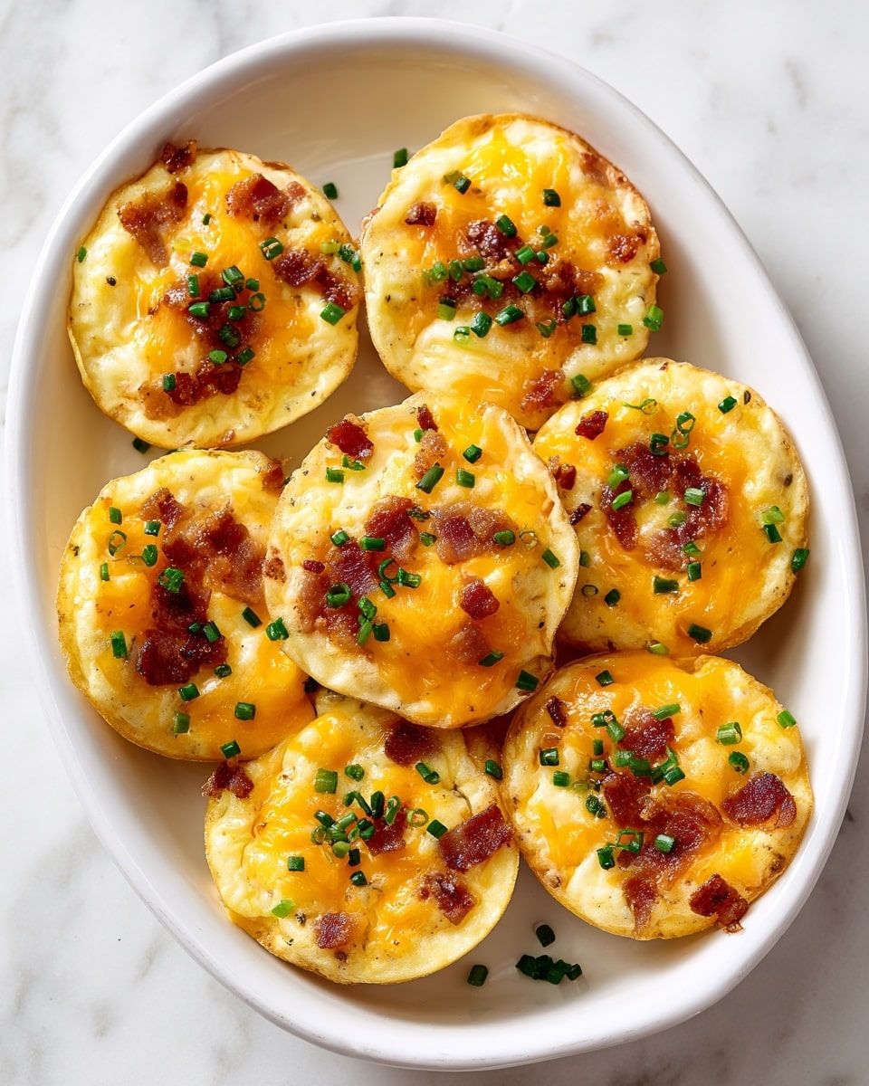 A white plate filled with seven small, round muffins topped with melted yellow cheese, crispy bacon bits, and finely chopped green herbs. The muffins have a golden-brown crust and a soft texture with cheese visibly melted on top, giving a slightly shiny look. The bacon bits add a reddish-brown contrast, and the green herbs are scattered evenly across each muffin. The plate sits on a white marbled surface. photo taken with an iphone --ar 4:5 --v 7