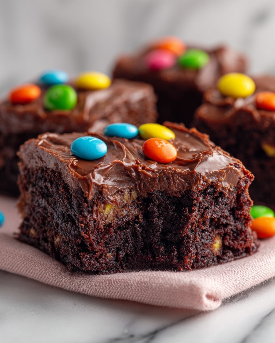 A close-up of two dark chocolate brownies stacked on a white marbled surface with a soft pink cloth beneath. The top brownie has a thick layer of smooth, shiny chocolate frosting that reflects light, adorned with small, rounded candy pieces in bright colors of yellow, green, blue, orange, and red scattered unevenly across the surface. The bottom brownie shows a bite taken out of it, revealing a moist, dense interior with a rich, fudgy texture. Some colorful candies have fallen onto the surface around the brownies, adding a playful touch. photo taken with an iphone --ar 4:5 --v 7