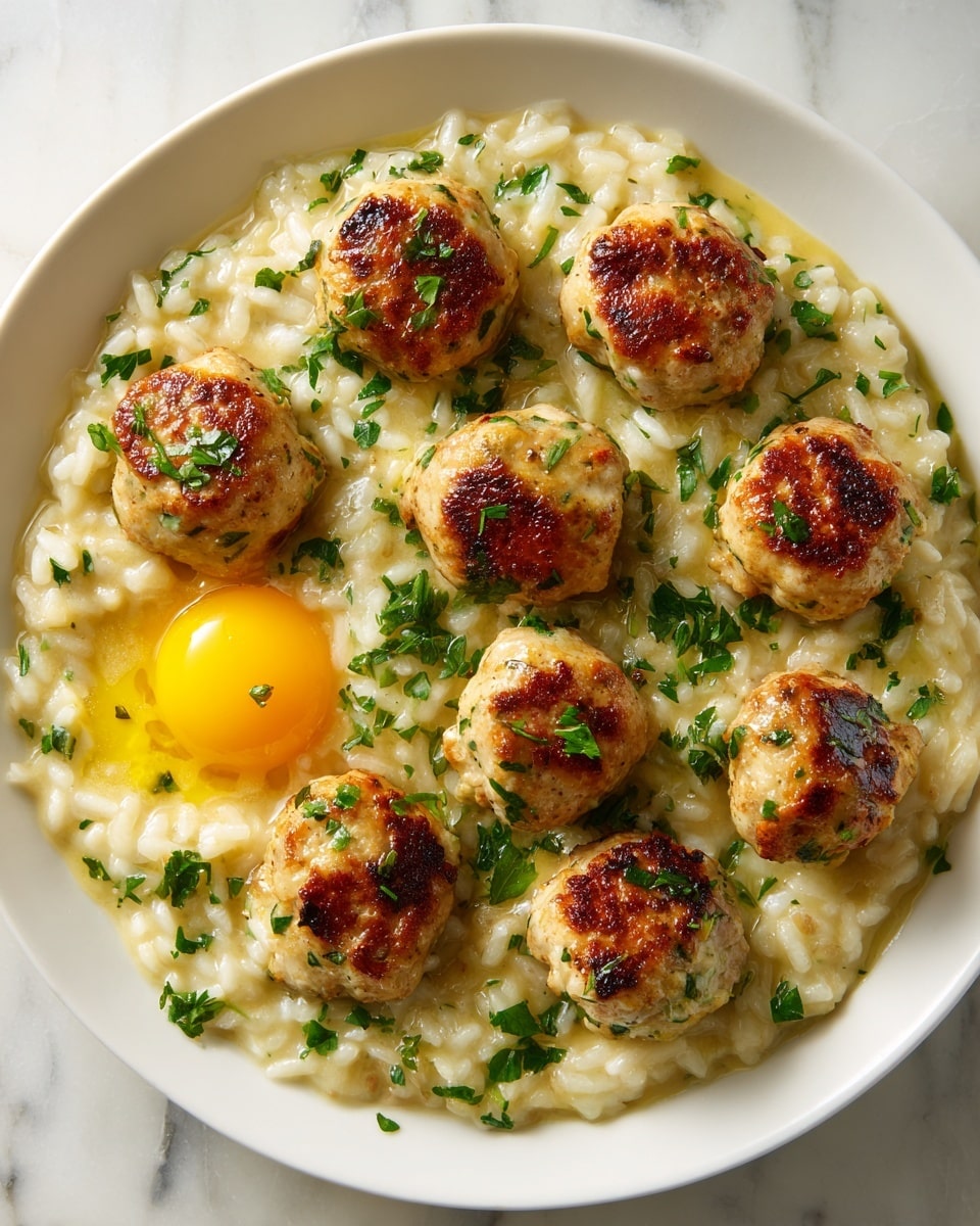 A white plate filled with a bed of creamy white risotto, topped with ten golden-brown meatballs scattered evenly across the dish. Each meatball has a slightly crispy outside with specks of green herbs visible on their surface. To the side of the plate, there is a bright yellow raw egg yolk sitting on the risotto, adding a shining contrast. The white marbled background adds a clean and fresh look to the image. Photo taken with an iphone --ar 4:5 --v 7