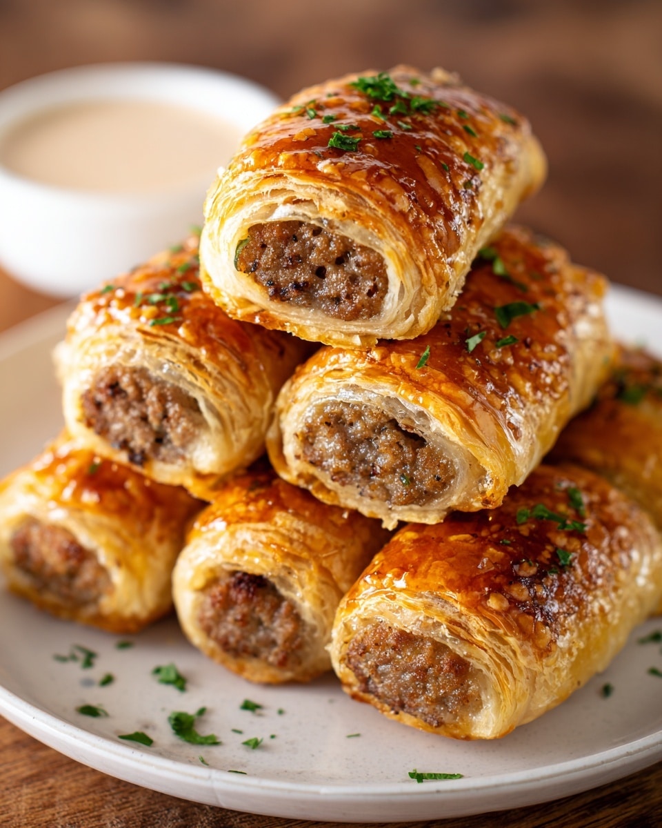 A close-up view of a stack of golden brown sausage rolls, showing multiple layers of flaky pastry with a shiny, slightly crisp texture, filled with a chunky, cooked ground sausage meat center. The rolls are arranged in a pyramid shape on a white marbled surface, with a small white bowl of light brown dipping sauce blurred in the background. The top layer of the pastry has a glossy yellow-orange hue with a few green herb flakes sprinkled on top, highlighting the crispiness and rich color of the baked pastry. photo taken with an iphone --ar 4:5 --v 7