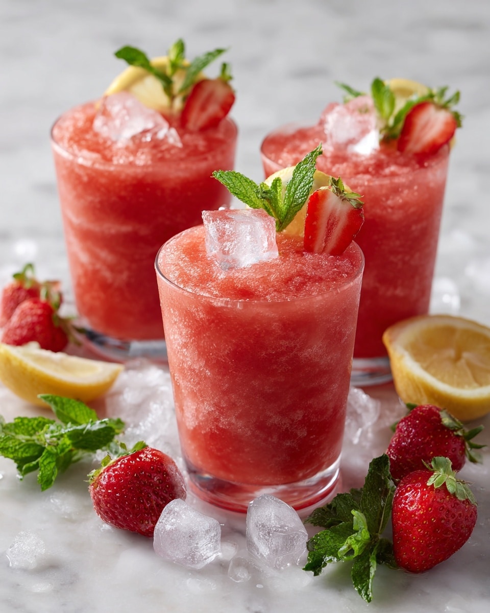 Three glasses filled with a thick, pink frozen strawberry lemonade slush, each glass topped with a small piece of clear ice. Each drink is decorated with a green mint sprig and a lemon slice with a red strawberry wedge tucked inside it, placed on the rim. The glasses are clear and short, showing the icy texture of the drink inside. Around the glasses, there are fresh strawberries, half a lemon, green mint leaves, and small ice chunks, all arranged on a white marbled surface. Photo taken with an iphone --ar 4:5 --v 7