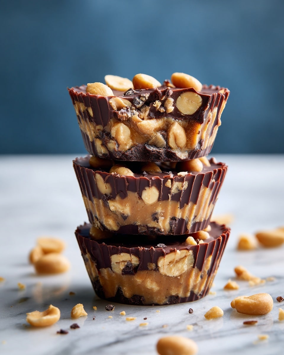 Three stacked peanut butter chocolate cups are shown against a dark background and placed on a white marbled surface. Each cup has one visible thick layer with a textured surface filled with peanuts and chocolate chips, showing a mix of light tan nuts embedded into the shiny dark brown chocolate. The cups are uneven around the edges and small bits of peanuts and chocolate chips are scattered loosely on the surface around the base. Photo taken with an iphone --ar 4:5 --v 7