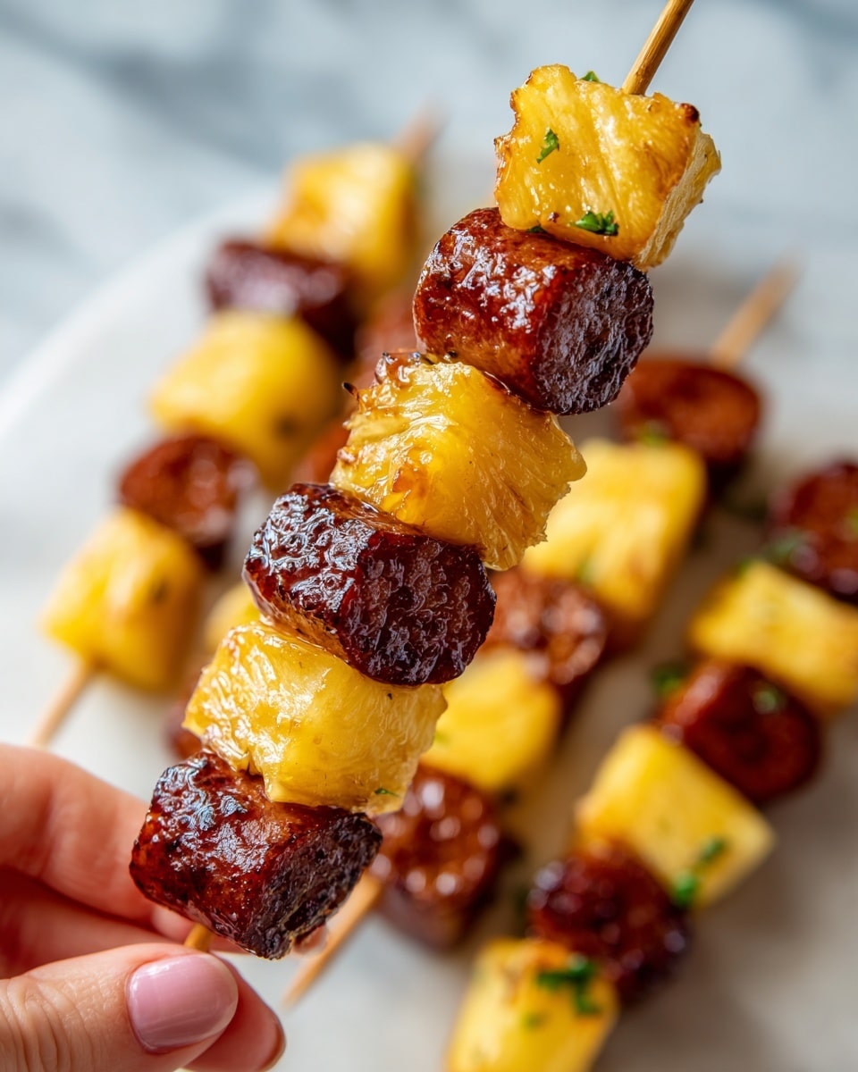 The image shows close-up cubes of glazed sweet potatoes and slices of sausage, each piece evenly coated with a shiny caramelized sauce. The sweet potato cubes are bright orange with a soft, slightly crispy texture on the outside, while the sausage slices are deep reddish-brown and juicy with a slightly charred edge. Two wooden skewers pierce through the pieces, holding them together vertically. The background is a white marbled surface that softly reflects light, enhancing the warm, rich colors of the food. Photo taken with an iphone --ar 4:5 --v 7