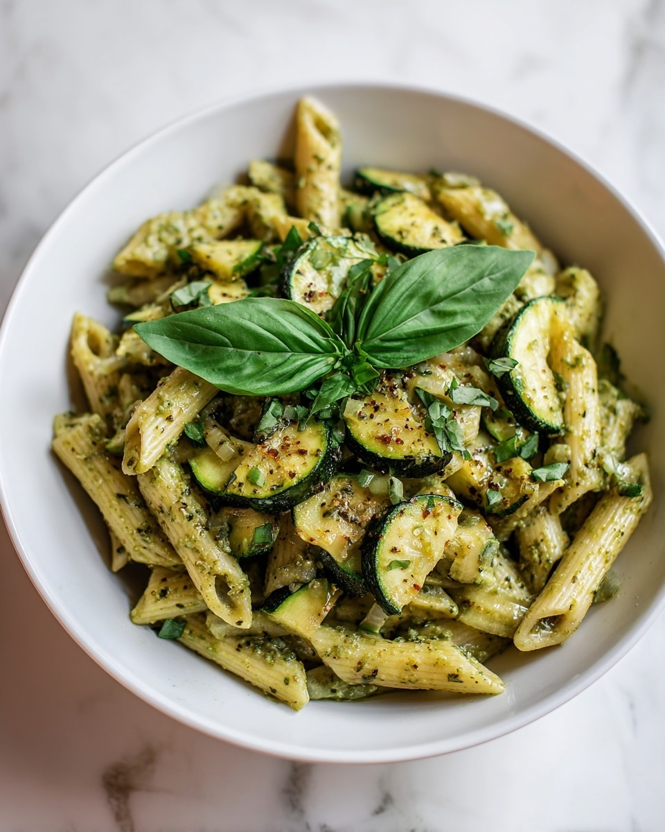 The image shows a white bowl filled with penne pasta coated in a green sauce, likely pesto. On top of the pasta, there are small, browned pieces of zucchini and garlic slices, adding texture and color contrast. Finely chopped fresh basil is sprinkled over the dish, along with a whole basil leaf placed as garnish on top. The bowl rests on a white marbled surface, highlighting the vibrant green and golden colors of the food. The photo taken with an iphone --ar 4:5 --v 7