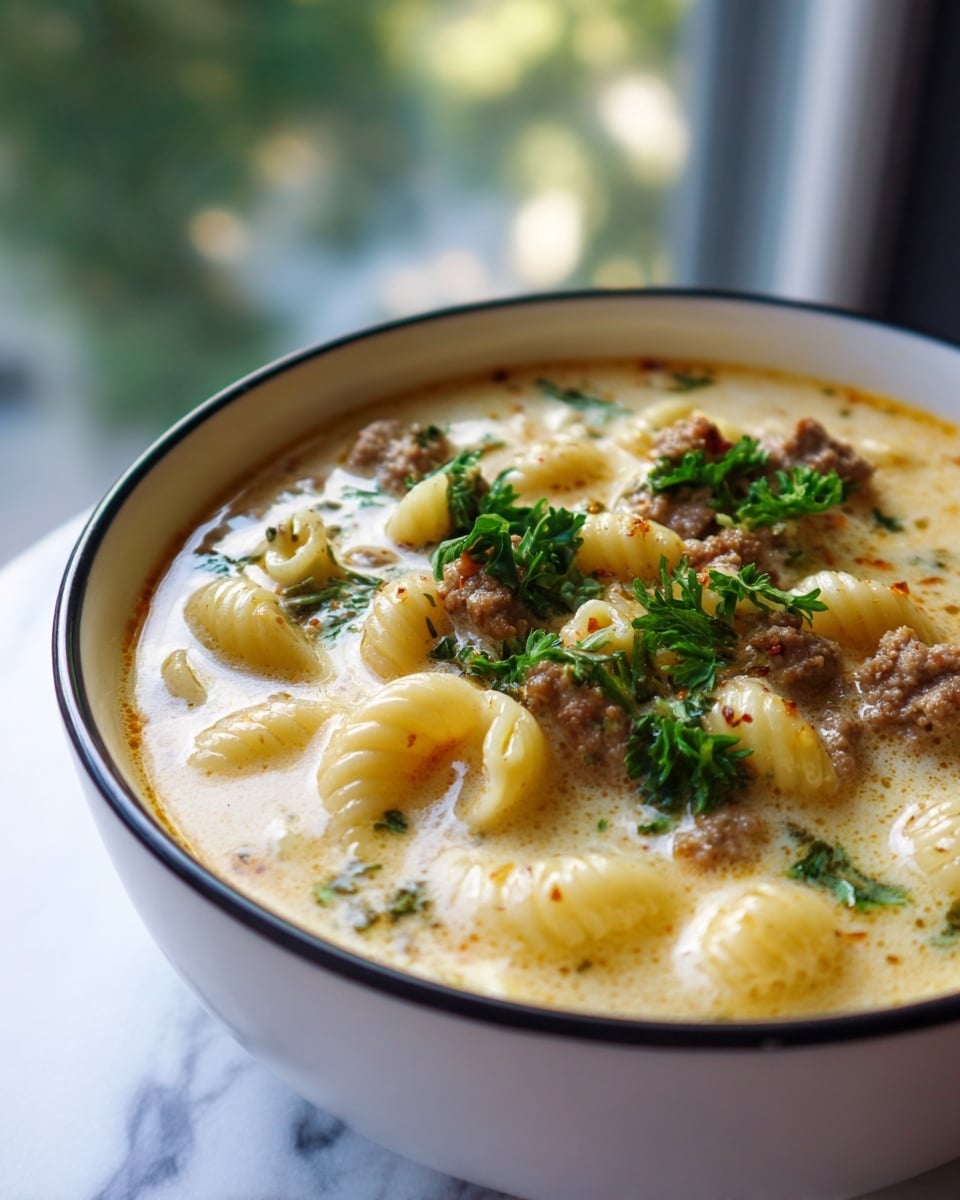 A close-up image of a bowl of creamy macaroni soup with four visible layers: the bottom layer is a smooth, light yellow creamy broth, topped with a layer of curved macaroni pasta in pale yellow, followed by chunks of browned ground meat scattered evenly, and green leafy parsley pieces placed in the center. The bowl is white with a black rim and the background shows a blurred white marbled texture with light coming from a window. photo taken with an iphone --ar 4:5 --v 7