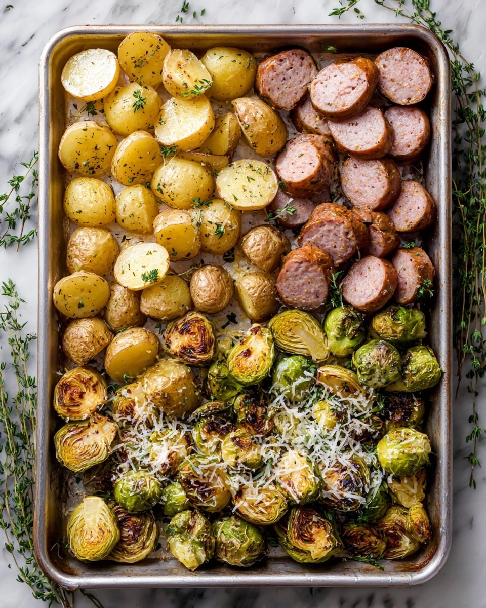 A roasted sheet pan meal with four main sections: golden-brown baby potatoes cut in half on the top left, showing a soft texture inside; slices of browned sausage on the top right with a slightly crispy outer skin and juicy pink inside; roasted Brussels sprouts on the bottom right, some halved showing tender green layers with browned edges; and more roasted Brussels sprouts mixed with halved potatoes on the bottom left, sprinkled with grated white cheese and green herbs. The tray sits on a white marbled surface with sprigs of fresh green thyme along the side. photo taken with an iphone --ar 4:5 --v 7