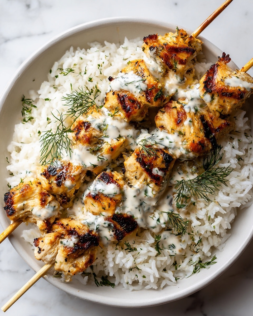 A white round plate holds a bed of white cooked rice with a slightly shiny texture, sprinkled with small green dill leaves. On top, two wooden skewers lie parallel, each loaded with four to five pieces of grilled chicken that are golden-brown with some darker charred spots. The chicken pieces have a slightly rough, marinated surface and are drizzled with a creamy white sauce that has small green herb flecks. The dish is placed on a white marbled textured surface. photo taken with an iphone --ar 4:5 --v 7